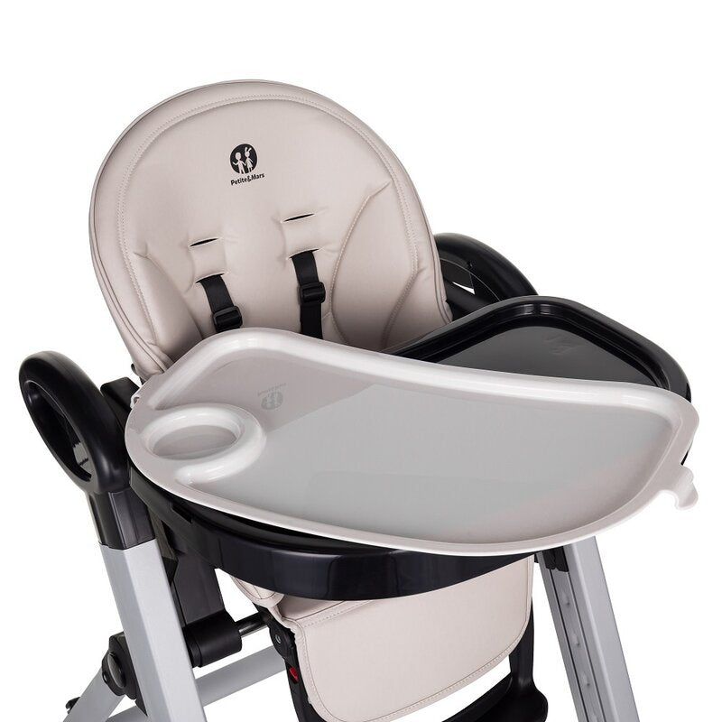 Scaun de masa, Petite&Mars, Tasty, Multifunctional, Pana la 15 kg, Reglabil pe inaltime in 7 pozitii, Spatar reglabil pana la 175 grade, Suport picioare si tavita reglabile, Cu roti, Aluminiu, Jasmine Honey