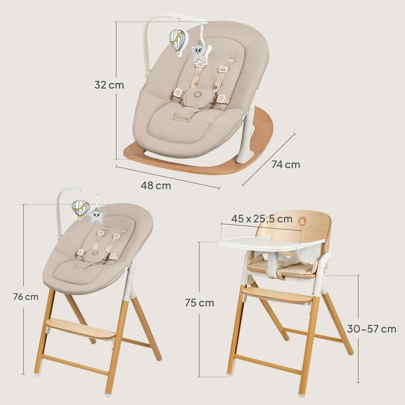 Scaunel multifunctional, Lionelo, Celia, 4 in 1, Functie de balansoar, Din lemn de fag, 6 luni- adult, Reglabil pe inaltime, Spatar lat, Sezut ergonomic, Tavita silicon, Suport de picioare reglabil, Greutate maxima 110 Kg, Alb/Natural