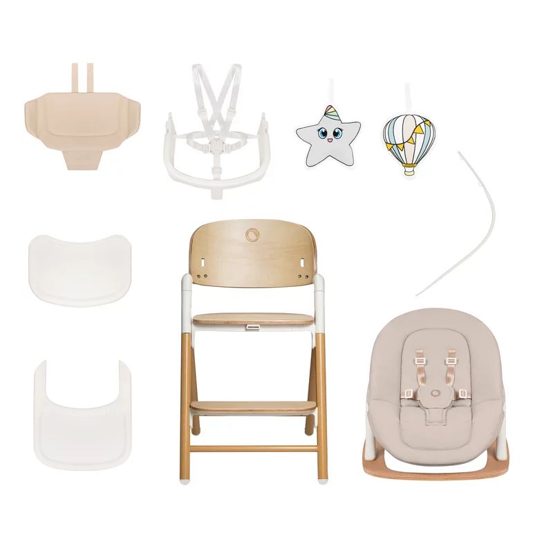 Scaunel multifunctional, Lionelo, Celia, 4 in 1, Functie de balansoar, Din lemn de fag, 6 luni- adult, Reglabil pe inaltime, Spatar lat, Sezut ergonomic, Tavita silicon, Suport de picioare reglabil, Greutate maxima 110 Kg, Alb/Natural