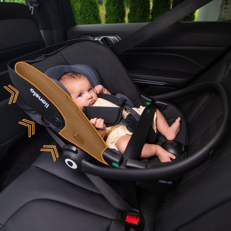 Scoica auto, Lionelo, i-Size Astrid, 0-13 Kg, 40-87 cm, Cu maner si capotina reglabile, Cu protectie laterala avansata, Salteluta confortabila, Testat ADAC, Conform cu standardul european de securitate R129, Bej - gogobaby.ro
