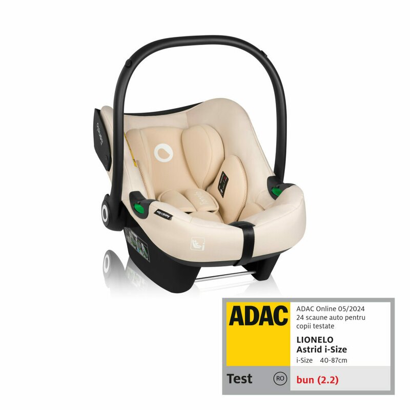 Scoica auto, Lionelo, i-Size Astrid, 0-13 Kg, 40-87 cm, Cu maner si capotina reglabile, Cu protectie laterala avansata, Salteluta confortabila, Testat ADAC, Conform cu standardul european de securitate R129, Bej - gogobaby.ro