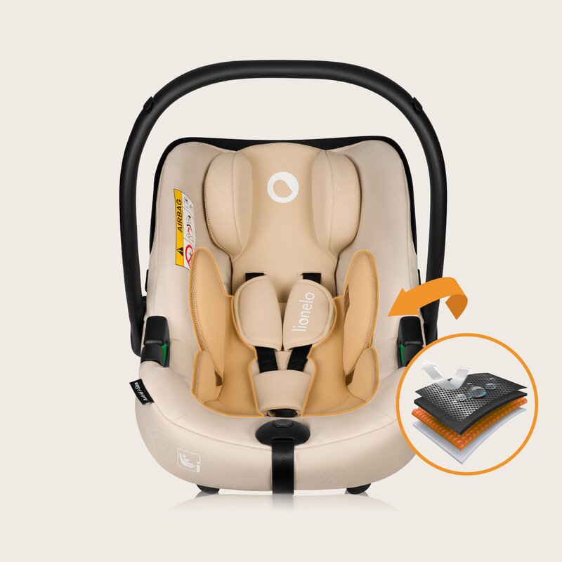 Scoica auto, Lionelo, i-Size Astrid, 0-13 Kg, 40-87 cm, Cu maner si capotina reglabile, Cu protectie laterala avansata, Salteluta confortabila, Testat ADAC, Conform cu standardul european de securitate R129, Bej - gogobaby.ro