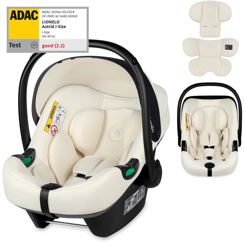 Scoica auto, Lionelo, i-Size Astrid, 0-13 Kg, 40-87 cm, Cu maner si capotina reglabile, Cu protectie laterala avansata, Salteluta confortabila, Testat ADAC, Conform cu standardul european de securitate R129, Crem