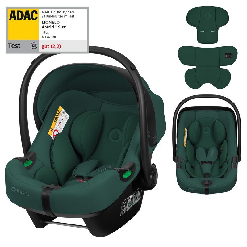 Scoica auto, Lionelo, i-Size Astrid, 0-13 Kg, 40-87 cm, Cu maner si capotina reglabile, Cu protectie laterala avansata, Salteluta confortabila, Testat ADAC, Conform cu standardul european de securitate R129, Verde