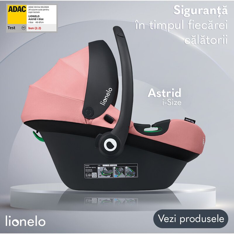 Scoica auto, Lionelo, i-Size Astrid, 0-13 Kg, 40-87 cm, Cu maner si capotina reglabile, Cu protectie laterala avansata, Salteluta confortabila, Testat ADAC, Conform cu standardul european de securitate R129, Roz