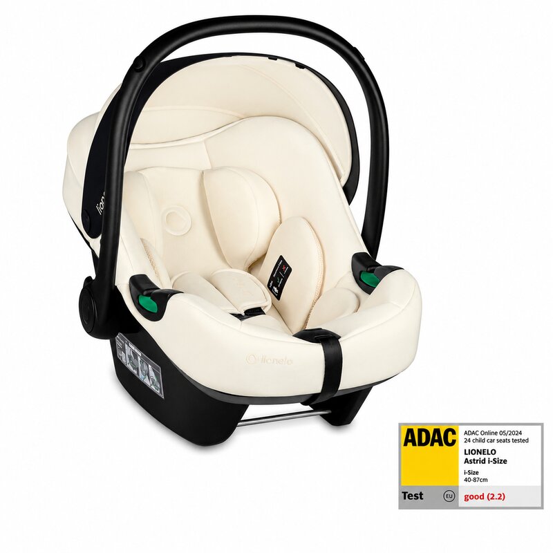 Scoica auto, Lionelo, i-Size Astrid, 0-13 Kg, 40-87 cm, Cu maner si capotina reglabile, Cu protectie laterala avansata, Salteluta confortabila, Testat ADAC, Conform cu standardul european de securitate R129, Crem
