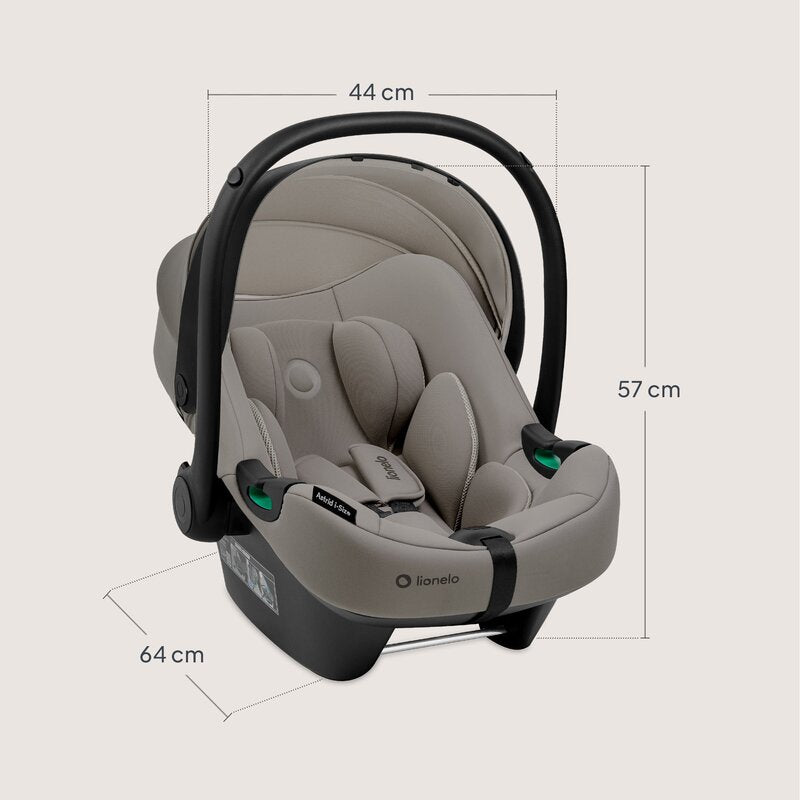 Scoica auto, Lionelo, i-Size Astrid, 0-13 Kg, 40-87 cm, Cu maner si capotina reglabile, Cu protectie laterala avansata, Salteluta confortabila, Testat ADAC, Conform cu standardul european de securitate R129, Taupe