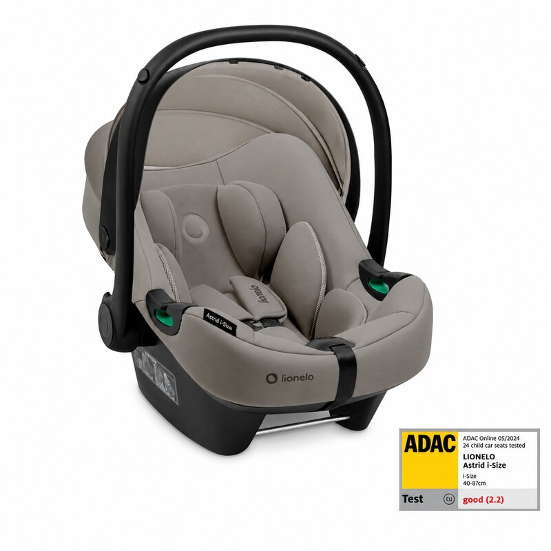 Scoica auto, Lionelo, i-Size Astrid, 0-13 Kg, 40-87 cm, Cu maner si capotina reglabile, Cu protectie laterala avansata, Salteluta confortabila, Testat ADAC, Conform cu standardul european de securitate R129, Taupe