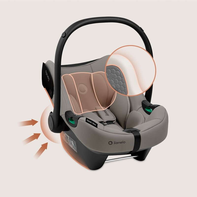 Scoica auto, Lionelo, i-Size Astrid, 0-13 Kg, 40-87 cm, Cu maner si capotina reglabile, Cu protectie laterala avansata, Salteluta confortabila, Testat ADAC, Conform cu standardul european de securitate R129, Taupe
