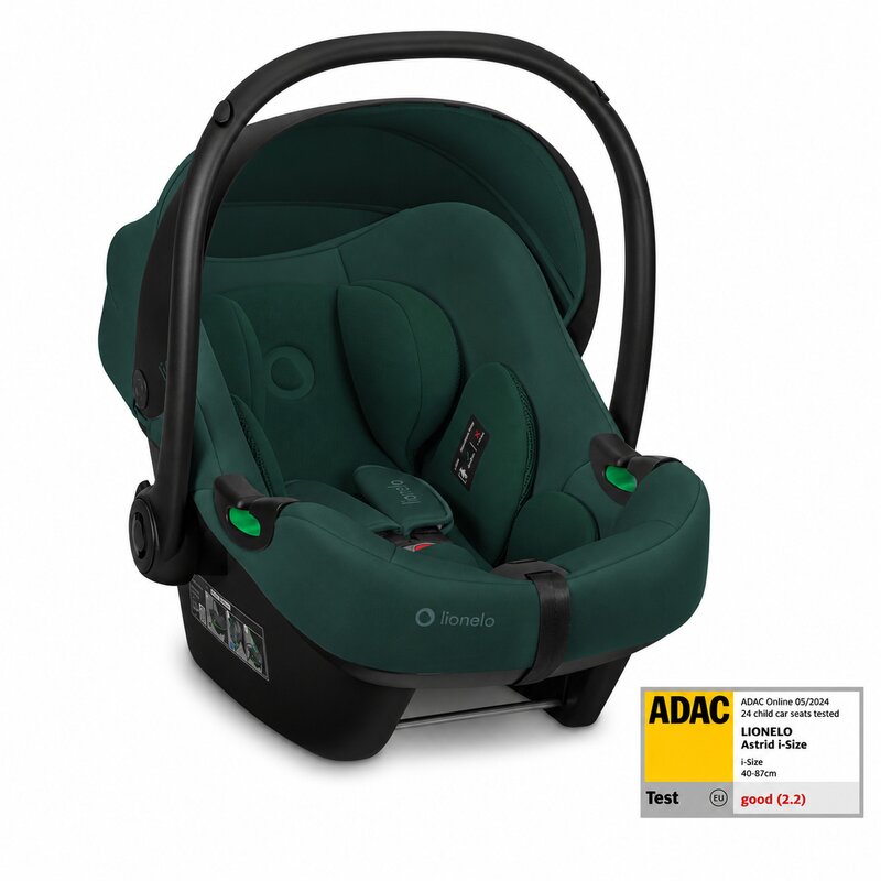 Scoica auto, Lionelo, i-Size Astrid, 0-13 Kg, 40-87 cm, Cu maner si capotina reglabile, Cu protectie laterala avansata, Salteluta confortabila, Testat ADAC, Conform cu standardul european de securitate R129, Verde