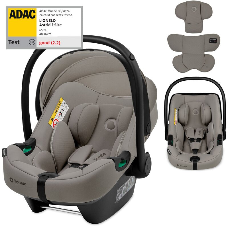 Scoica auto, Lionelo, i-Size Astrid, 0-13 Kg, 40-87 cm, Cu maner si capotina reglabile, Cu protectie laterala avansata, Salteluta confortabila, Testat ADAC, Conform cu standardul european de securitate R129, Taupe