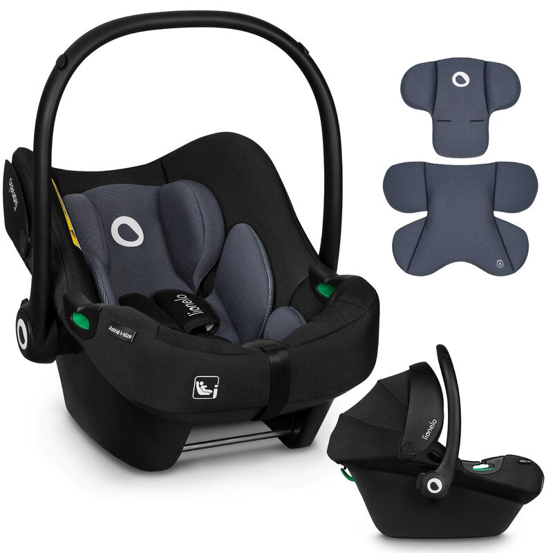 Scoica auto, Lionelo, i-Size Astrid, Include baza Isofix, 0-13 Kg, 40-87 cm, Cu maner si capotina reglabile, Cu protectie laterala avansata, Salteluta confortabila, Testat ADAC, Conform cu R129, Negru/Gri