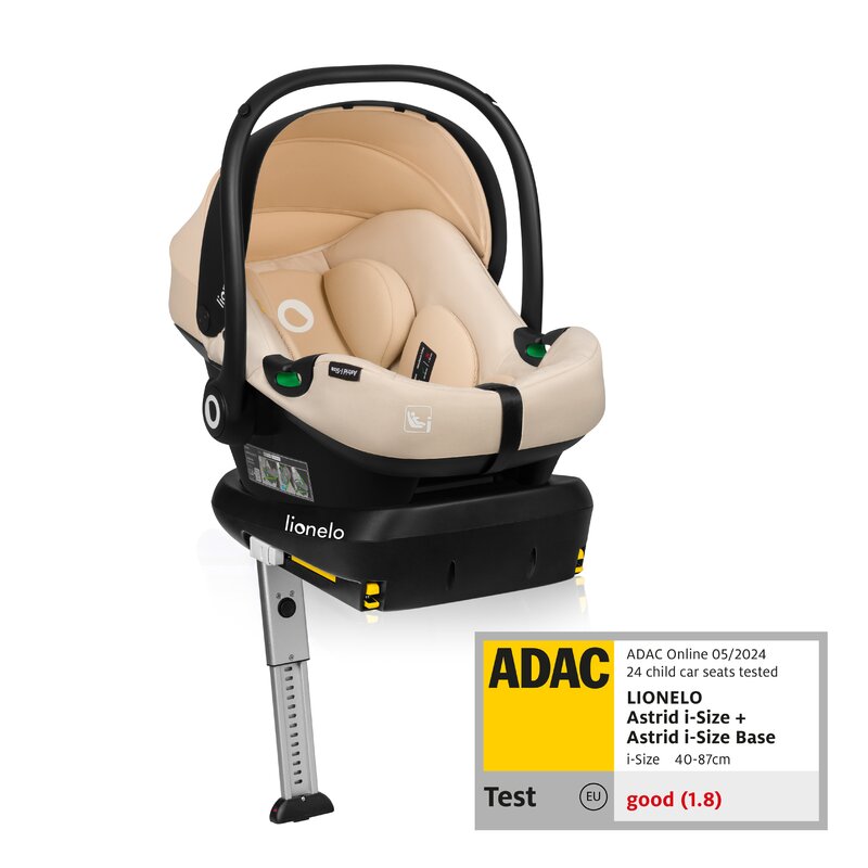 Scoica auto, Lionelo, i-Size Astrid, Include baza Isofix, 0-13 Kg, 40-87 cm, Cu maner si capotina reglabile, Cu protectie laterala avansata, Salteluta confortabila, Testat ADAC, Conform cu R129, Bej - gogobaby.ro