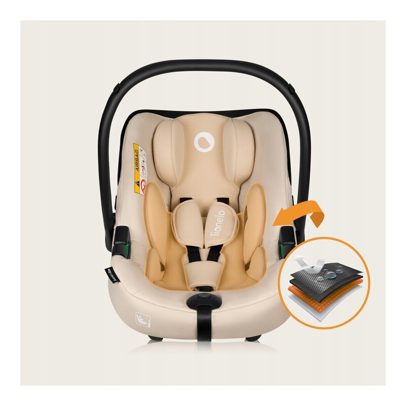 Scoica auto, Lionelo, i-Size Astrid, Include baza Isofix, 0-13 Kg, 40-87 cm, Cu maner si capotina reglabile, Cu protectie laterala avansata, Salteluta confortabila, Testat ADAC, Conform cu R129, Bej - gogobaby.ro