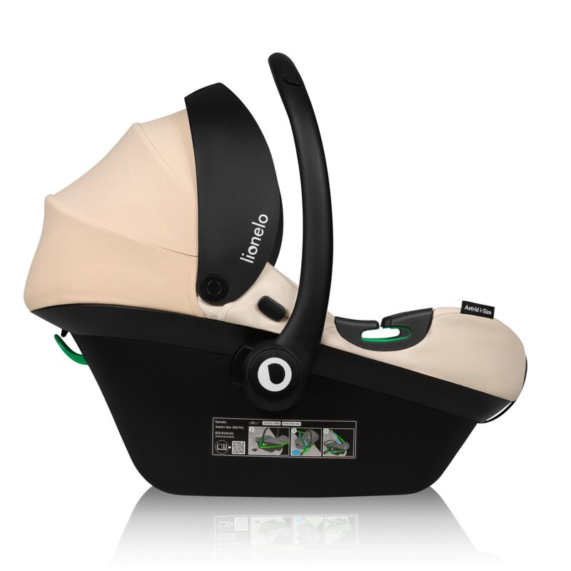 Scoica auto, Lionelo, i-Size Astrid, Include baza Isofix, 0-13 Kg, 40-87 cm, Cu maner si capotina reglabile, Cu protectie laterala avansata, Salteluta confortabila, Testat ADAC, Conform cu R129, Bej - gogobaby.ro