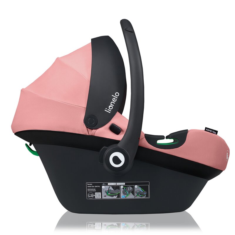 Scoica auto, Lionelo, i-Size Astrid, Include baza Isofix, 0-13 Kg, 40-87 cm, Cu maner si capotina reglabile, Cu protectie laterala avansata, Salteluta confortabila, Testat ADAC, Conform cu R129, Roz - gogobaby.ro