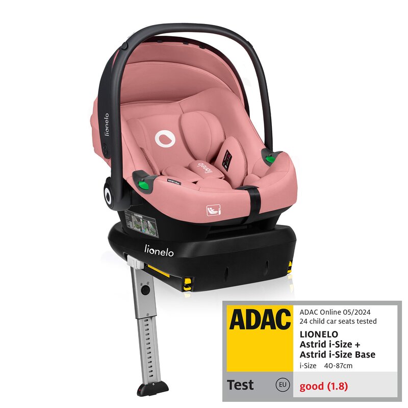 Scoica auto, Lionelo, i-Size Astrid, Include baza Isofix, 0-13 Kg, 40-87 cm, Cu maner si capotina reglabile, Cu protectie laterala avansata, Salteluta confortabila, Testat ADAC, Conform cu R129, Roz - gogobaby.ro