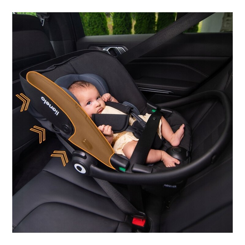 Scoica auto, Lionelo, i-Size Astrid, Include baza Isofix, 0-13 Kg, 40-87 cm, Cu maner si capotina reglabile, Cu protectie laterala avansata, Salteluta confortabila, Testat ADAC, Conform cu R129, Bej - gogobaby.ro