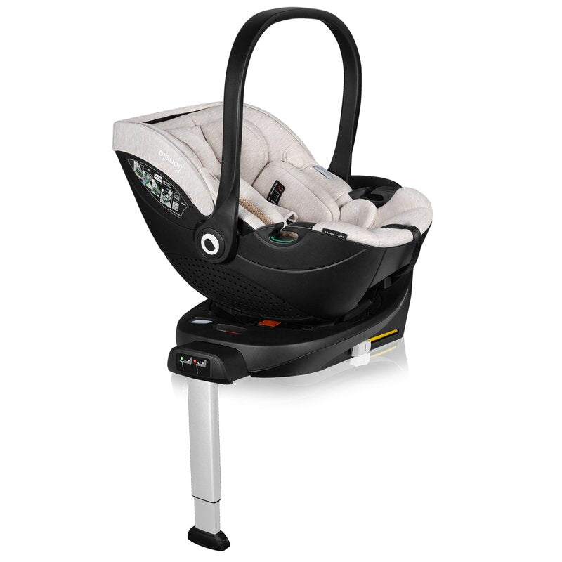 Scoica auto, Lionelo, Moxie, i-Size, Include baza rotativa 360 cu picior de fixare, 40-87 cm, Tetiera reglabila, intarita cu spuma de memorie, Carcasa ventilata, Din bambus, Protectie avansata, Conform R129, Bej - gogobaby.ro