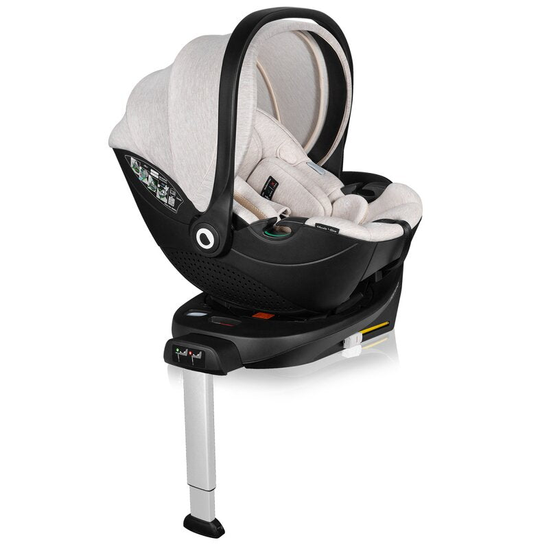 Scoica auto, Lionelo, Moxie, i-Size, Include baza rotativa 360 cu picior de fixare, 40-87 cm, Tetiera reglabila, intarita cu spuma de memorie, Carcasa ventilata, Din bambus, Protectie avansata, Conform R129, Bej - gogobaby.ro