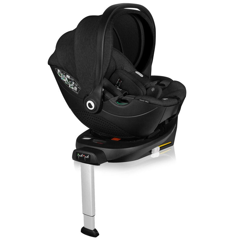 Scoica auto, Lionelo, Moxie, i-Size, Include baza rotativa 360 cu picior de fixare, 40-87 cm, Tetiera reglabila, intarita cu spuma de memorie, Carcasa ventilata, Din bambus, Protectie avansata, Conform R129, Negru - gogobaby.ro