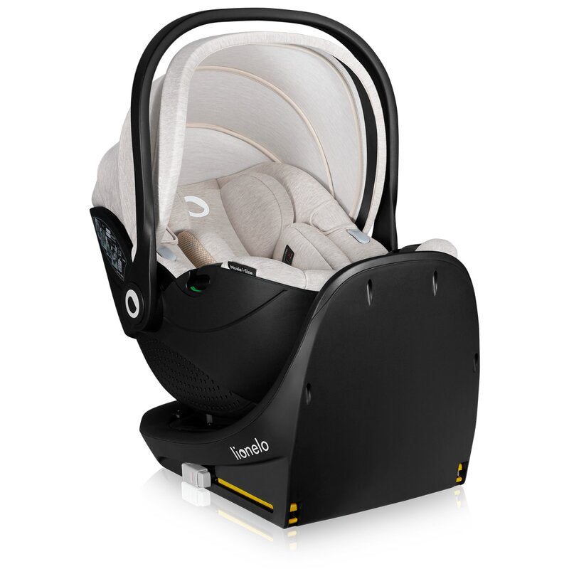 Scoica auto, Lionelo, Moxie, i-Size, Include baza rotativa 360 cu picior de fixare, 40-87 cm, Tetiera reglabila, intarita cu spuma de memorie, Carcasa ventilata, Din bambus, Protectie avansata, Conform R129, Bej - gogobaby.ro