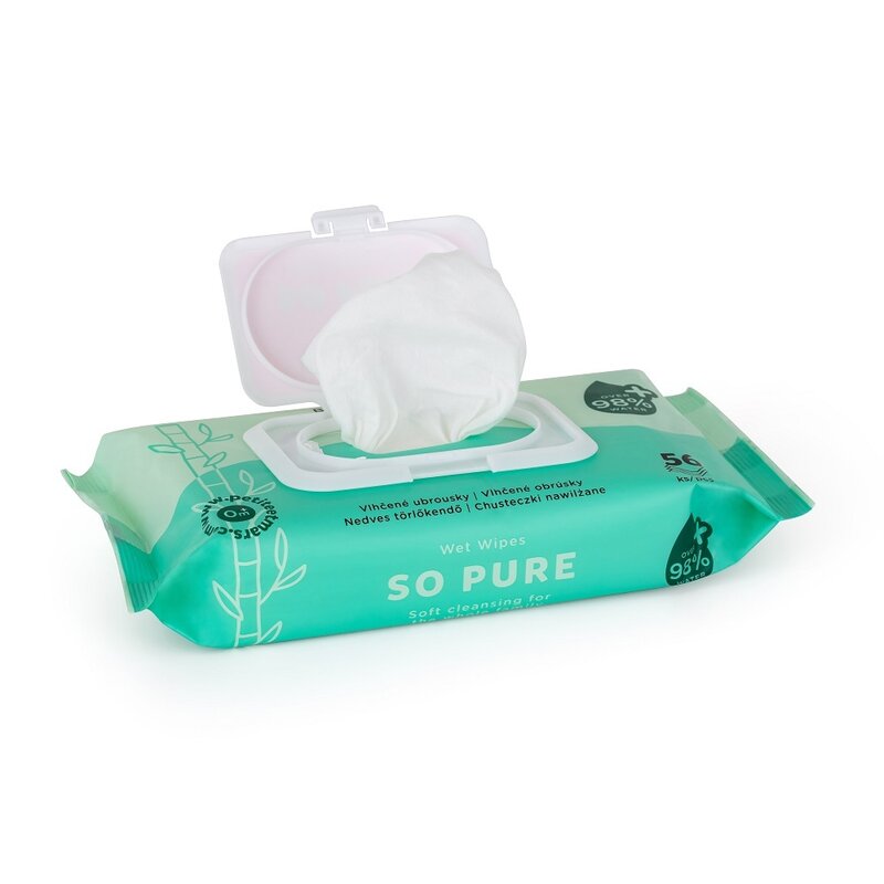 Servetele umede, Petite&Mars, 56 de bucati, 98% apa, Multifunctionale, Din bambus, Fara parfum, Ideale pentru pielea sensibila a bebelusului, Alb