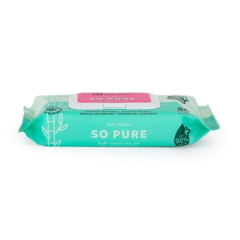 Servetele umede, Petite&Mars, 56 de bucati, 98% apa, Multifunctionale, Din bambus, Fara parfum, Ideale pentru pielea sensibila a bebelusului, Alb - gogobaby.ro
