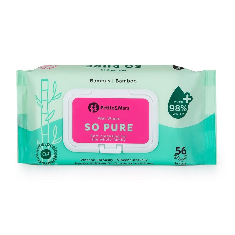 Servetele umede, Petite&Mars, 56 de bucati, 98% apa, Multifunctionale, Din bambus, Fara parfum, Ideale pentru pielea sensibila a bebelusului, Alb - gogobaby.ro