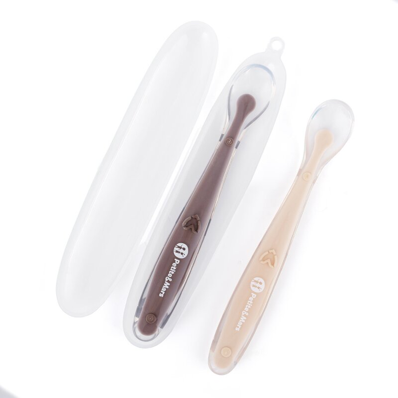 Set 2 lingurite, Petite&Mars, Take&Match, Includ cutie pentru depozitare, Adecvate pentru masina de spalat vase, Fara BPA, 6 luni+, Maro