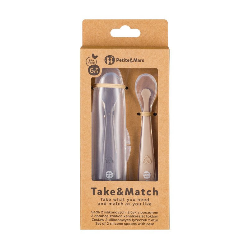 Set 2 lingurite, Petite&Mars, Take&Match, Includ cutie pentru depozitare, Adecvate pentru masina de spalat vase, Fara BPA, 6 luni+, Maro