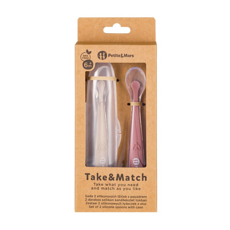 Set 2 lingurite, Petite&Mars, Take&Match, Includ cutie pentru depozitare, Adecvate pentru masina de spalat vase, Fara BPA, 6 luni+, Roz/ Bej