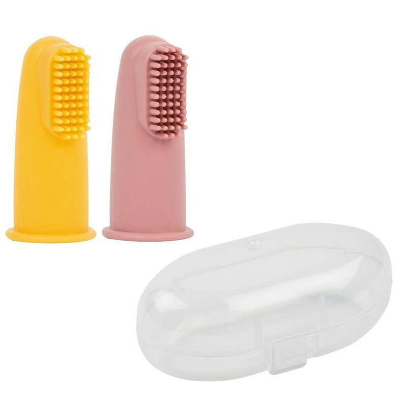 Set 2 periute de dinti pentru deget, Nattou, Cu peri moi, 0% silicon fara BPA, PVC sau ftalati, Include cutie depozitare, 0 luni+, 5 cm, Roz