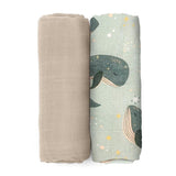 Set 2 scutece, Petite&Mars, Misty, Din muselina de bambus, Hipoalergenice, Dimensiuni mari, 120 x 120 cm, Certificate Oeko Tex Standard 100, Whale Song