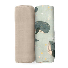 Set 2 scutece, Petite&Mars, Misty, Din muselina de bambus, Hipoalergenice, Dimensiuni mari, 120 x 120 cm, Certificate Oeko Tex Standard 100, Whale Song