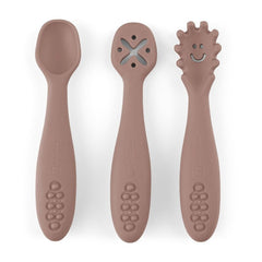Set 3 lingurite, Petite&Mars, Take&Match, Din silicon, Diverse forme, Pentru supa, paste, alimente usoare, Dezvolta simturile si abilitatile senzoriale, Adecvate pentru masina de spalat vase, Fara BPA, 6 luni+, Velvet Latte, Maro