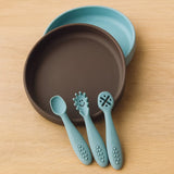 Set 3 lingurite, Petite&Mars, Take&Match, Din silicon, Diverse forme, Pentru supa, paste, alimente usoare, Dezvolta simturile si abilitatile senzoriale, Adecvate pentru masina de spalat vase, Fara BPA, 6 luni+, Bitter Cocoa, Maro