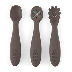 Set 3 lingurite, Petite&Mars, Take&Match, Din silicon, Diverse forme, Pentru supa, paste, alimente usoare, Dezvolta simturile si abilitatile senzoriale, Adecvate pentru masina de spalat vase, Fara BPA, 6 luni+, Bitter Cocoa, Maro