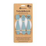 Set 3 lingurite, Petite&Mars, Take&Match, Din silicon, Diverse forme, Pentru supa, paste, alimente usoare, Dezvolta simturile si abilitatile senzoriale, Adecvate pentru masina de spalat vase, Fara BPA, 6 luni+, Frosted Sky, Albastru