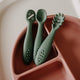 Set 3 lingurite, Petite&Mars, Take&Match, Din silicon, Diverse forme, Pentru supa, paste, alimente usoare, Dezvolta simturile si abilitatile senzoriale, Adecvate pentru masina de spalat vase, Fara BPA, 6 luni+, Frosted Sky, Albastru