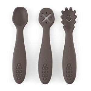 Set 3 lingurite, Petite&Mars, Take&Match, Din silicon, Diverse forme, Pentru supa, paste, alimente usoare, Dezvolta simturile si abilitatile senzoriale, Adecvate pentru masina de spalat vase, Fara BPA, 6 luni+, Bitter Cocoa, Maro