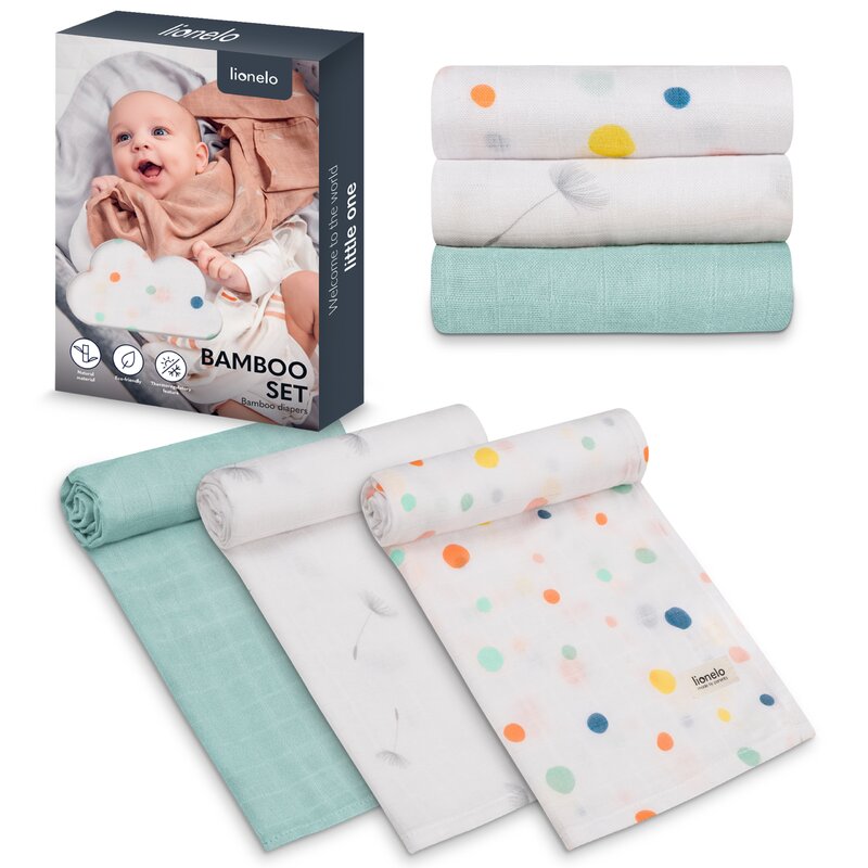 Set 3 museline, Lionelo, Dot, Multifunctionale, Din bambus, Ideale pentru infasat, Cu proprietati antibacteriene, antifungice si antialergice, Lavabile la masina de spalat, 70x70 cm, Multicolor