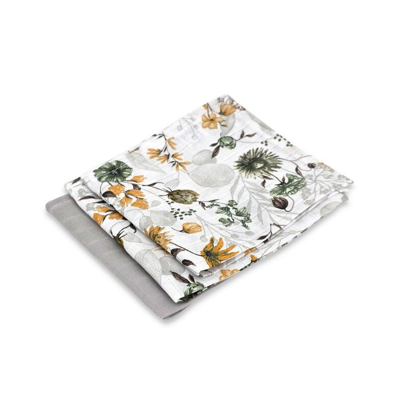 Set 3 museline, Qmini, Multifunctionale, Din bumbac certificat Oeko Tex Standard 100, 30x30 cm, Botanica si Grey
