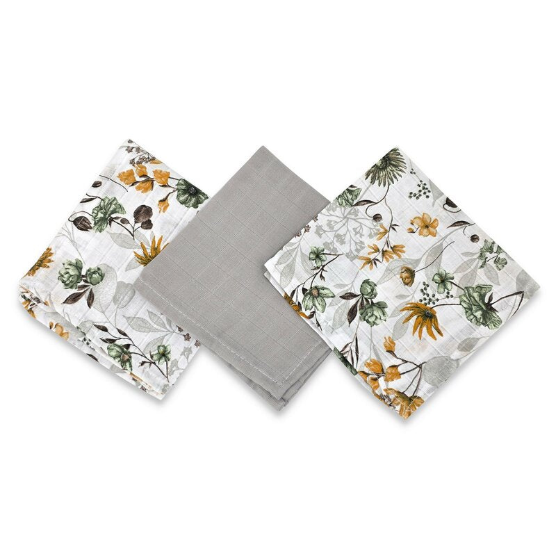 Set 3 museline, Qmini, Multifunctionale, Din bumbac certificat Oeko Tex Standard 100, 30x30 cm, Botanica si Grey