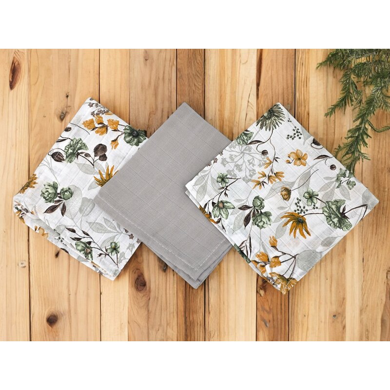 Set 3 museline, Qmini, Multifunctionale, Din bumbac certificat Oeko Tex Standard 100, 30x30 cm, Botanica si Grey