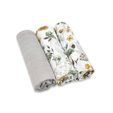 Set 3 museline, Qmini, Multifunctionale, Din bumbac certificat Oeko Tex Standard 100, 75x75 cm, Botanica si Grey