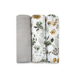 Set 3 museline, Qmini, Multifunctionale, Din bumbac certificat Oeko Tex Standard 100, 75x75 cm, Botanica si Grey
