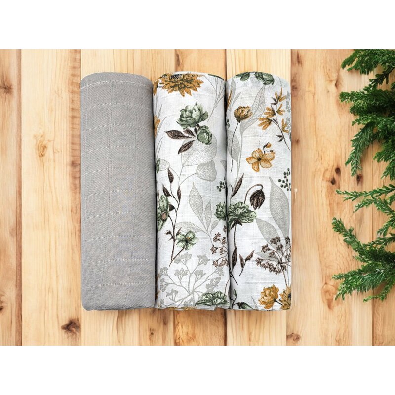 Set 3 museline, Qmini, Multifunctionale, Din bumbac certificat Oeko Tex Standard 100, 75x75 cm, Botanica si Grey