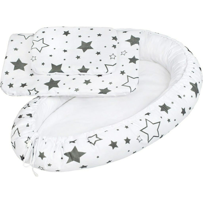 Set 3 piese, New Baby, Baby Nest, Cu paturica si pernuta, Grey stars - gogobaby.ro