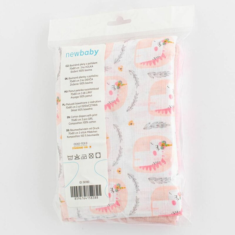 Set 3 scutece, New Baby, Multifunctionale, Din bumbac 100%, Material certificate Oeko Tex Standard 100, 70x80 cm, Multicolor, Girl